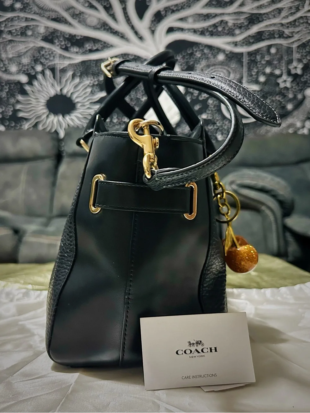 Coach Black Pebbled Leather Satchel with Cherry Charm and Gold Hardware